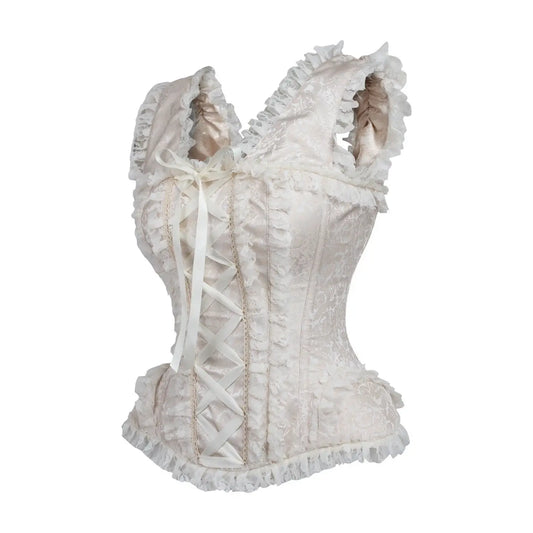 Ivory Brocade & Lace Steel Boned Corset W/Cap Sleeves image 1