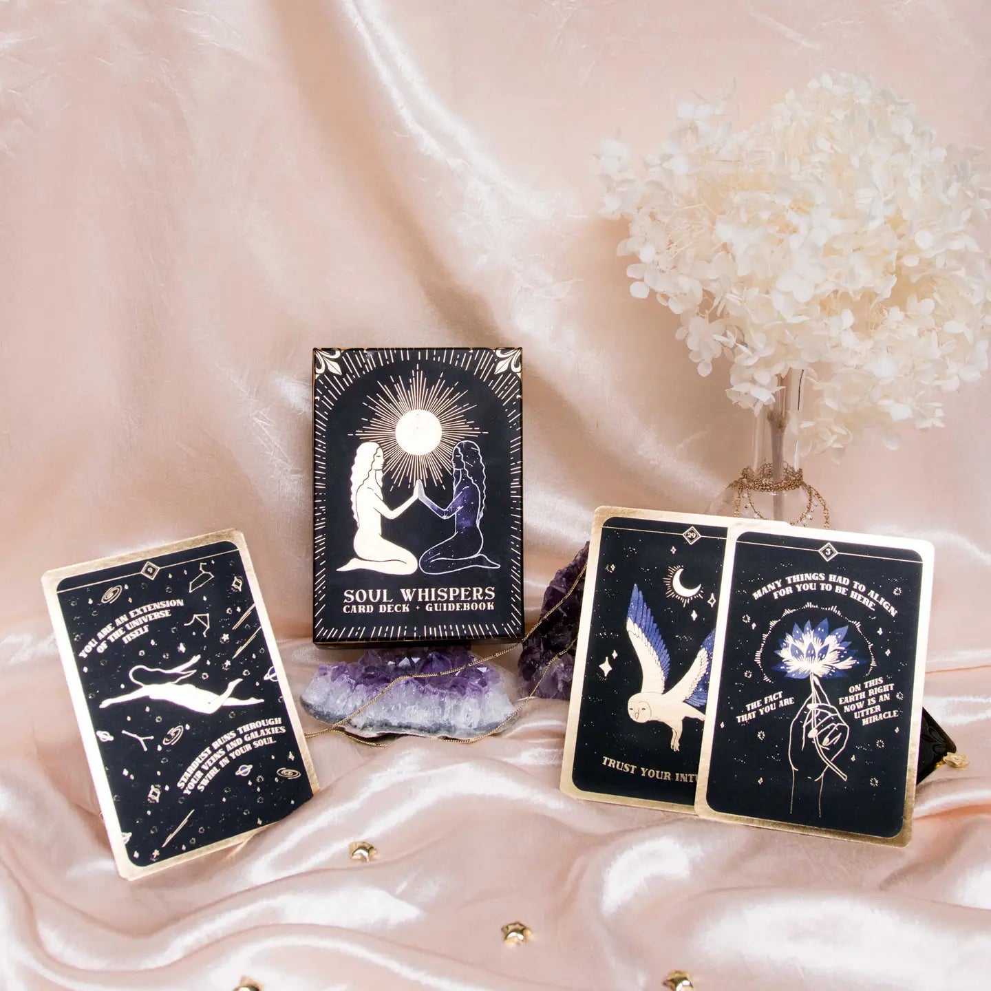Soul Whispers Gold Foiled 33 Card Deck displayed with elegant design and mystical artwork on cards