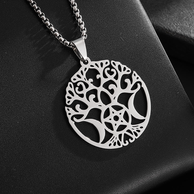 Tree Of Life Triple Moon Pentagram Stainless Steel Silver Necklace