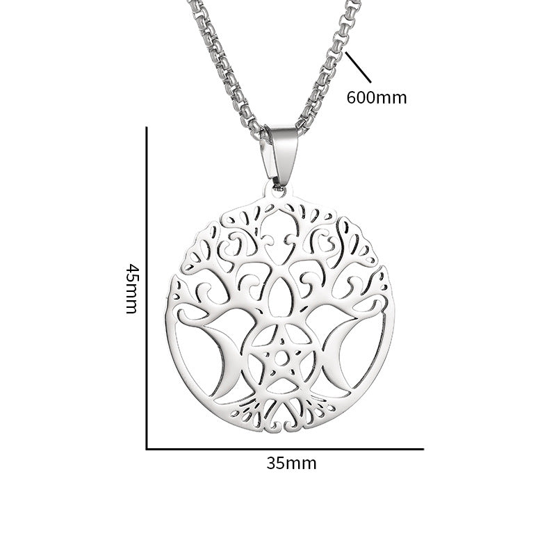 Tree Of Life Triple Moon Pentagram Stainless Steel Silver Necklace