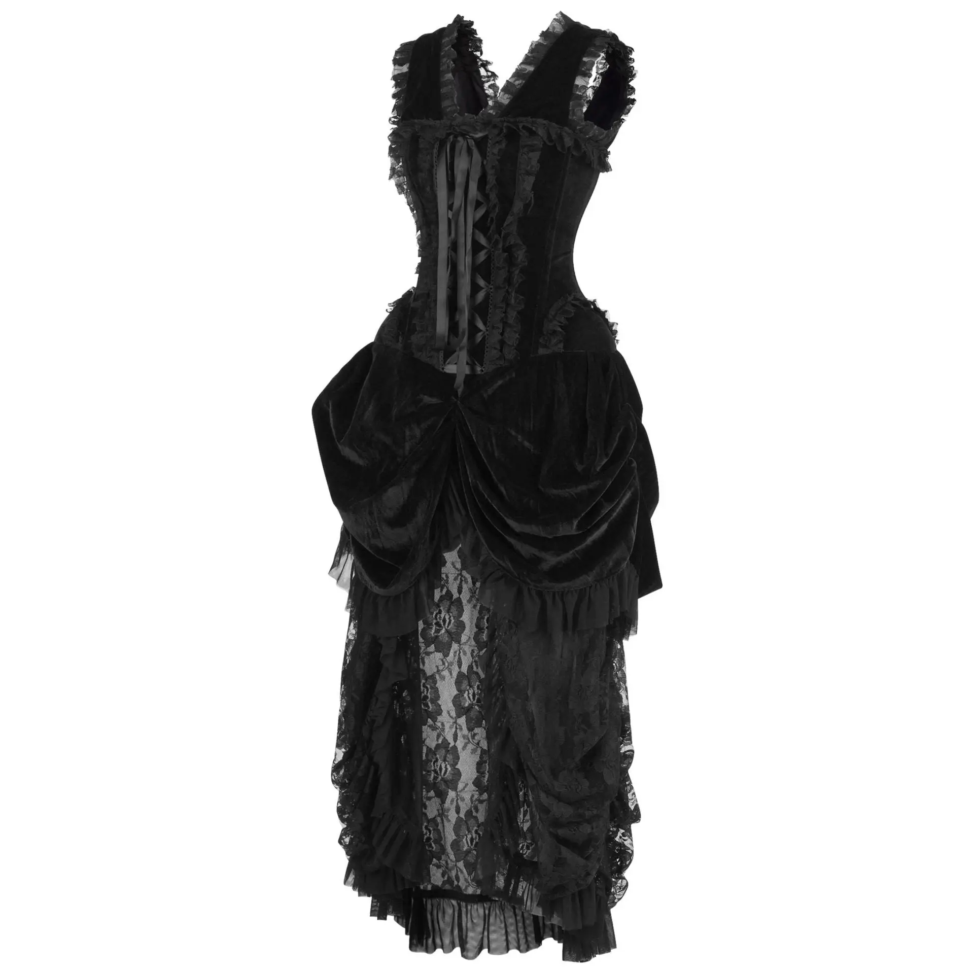 Steel Boned Black Velvet Victorian Bustle Corset Dress image 1