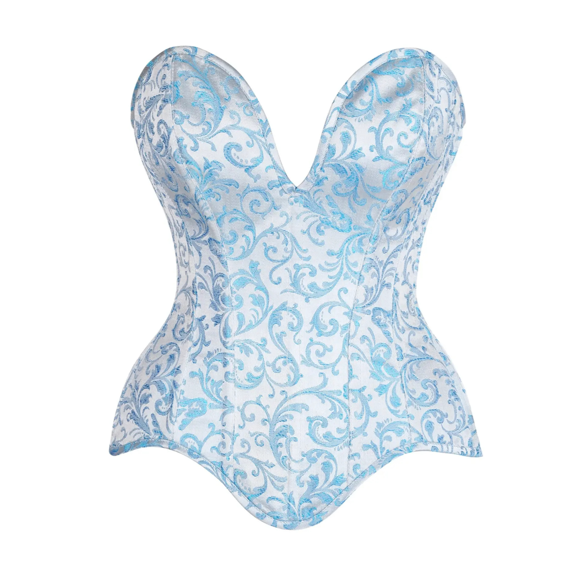 Steel Boned Blue Brocade Plunge Overbust Corset Top image 0