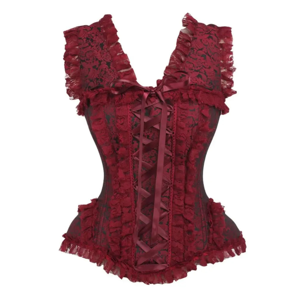 Red/Black Brocade & Lace Steel Boned Corset W/Cap Sleeves image 0