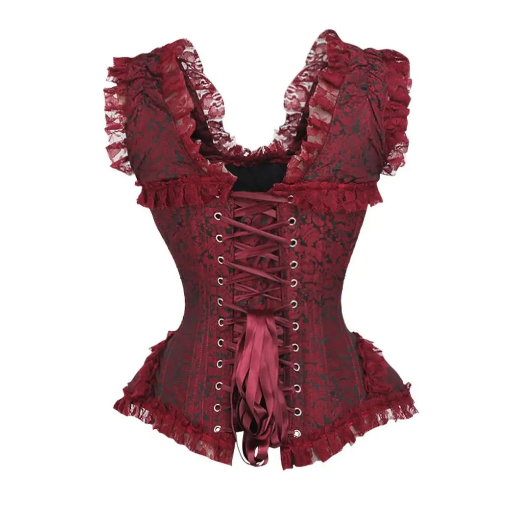 Red/Black Brocade & Lace Steel Boned Corset W/Cap Sleeves image 2