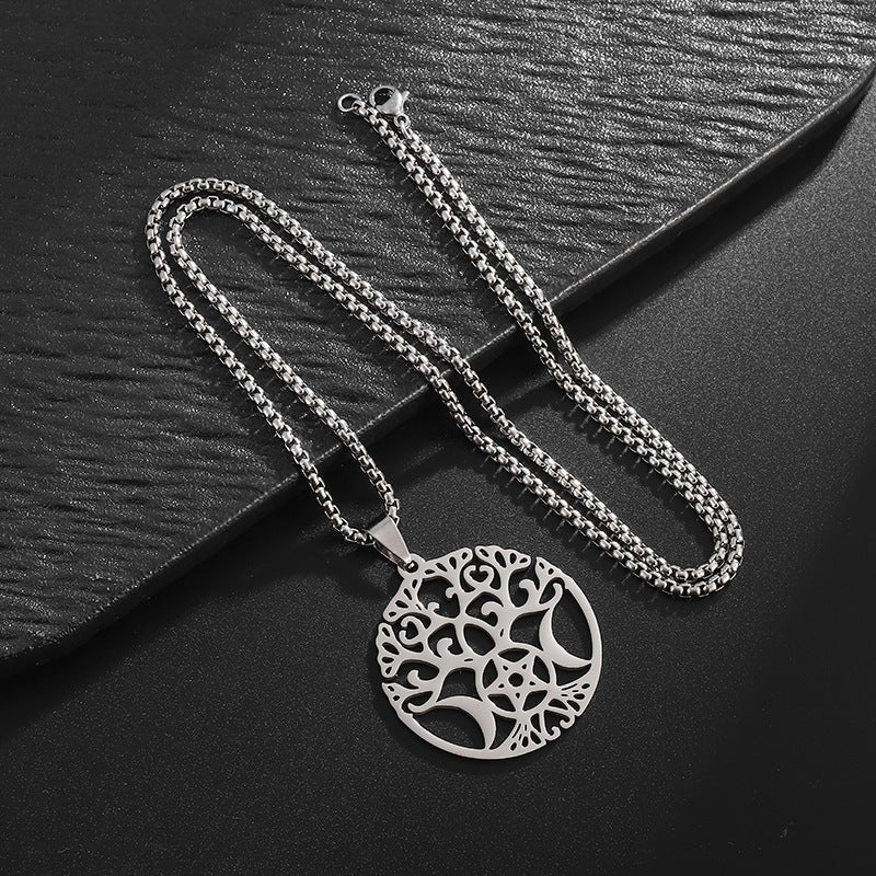 Tree Of Life Triple Moon Pentagram Stainless Steel Silver Necklace