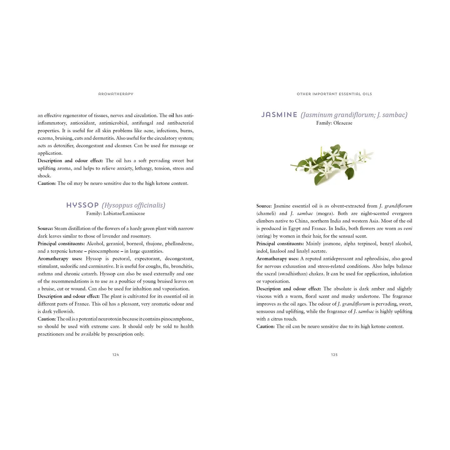 Ayurvedic aromatherapy healing book page showcasing jasmine essential oil benefits and uses