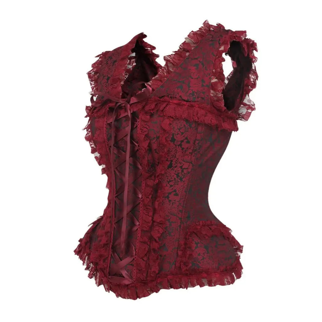 Red/Black Brocade & Lace Steel Boned Corset W/Cap Sleeves image 1