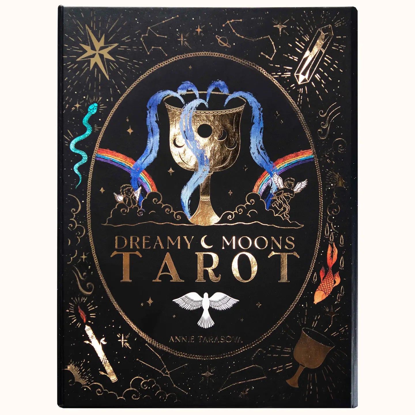 Dreamy Moons Tarot deck gold foil featuring intricate designs and a mystical aesthetic