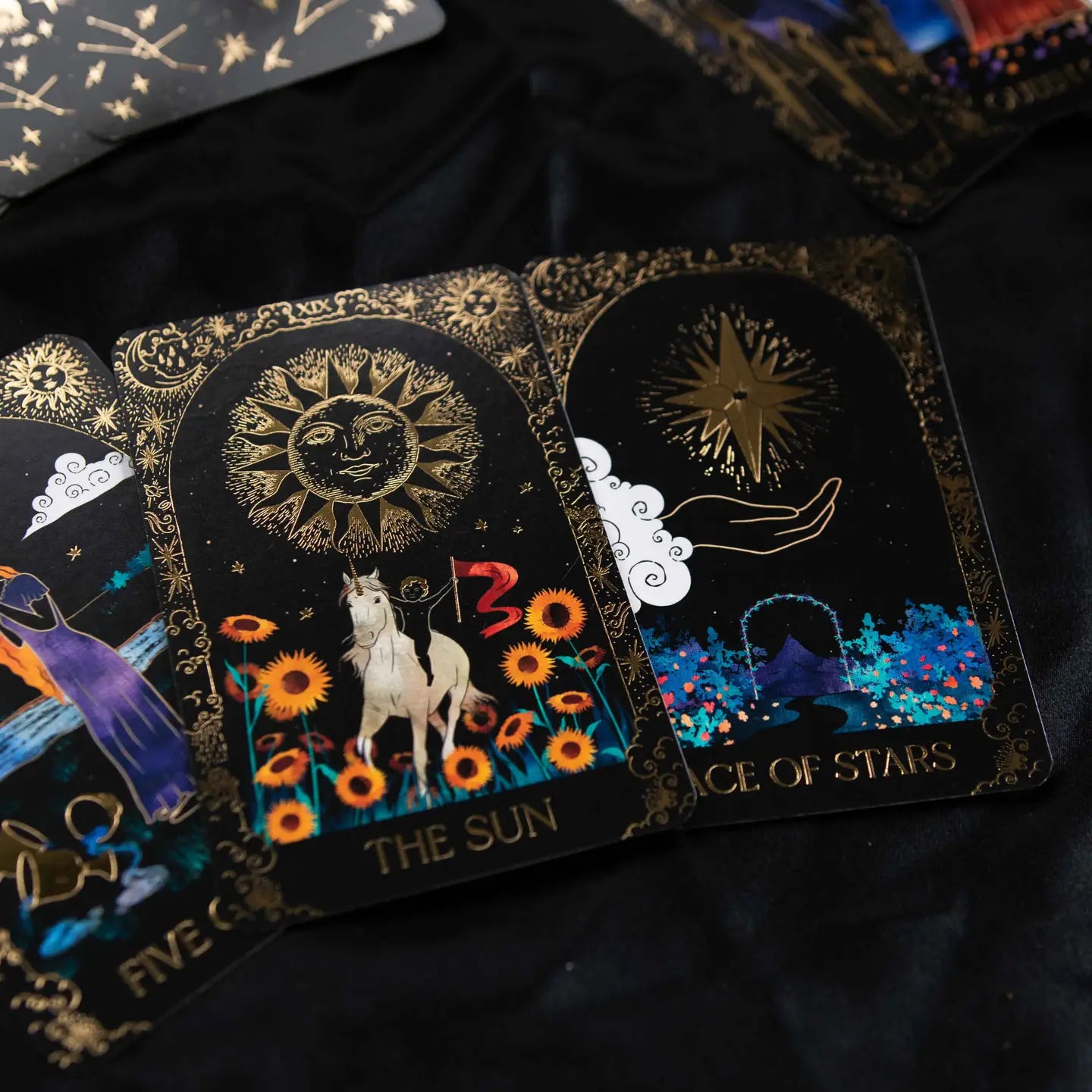 Dreamy Moons Tarot deck gold foil featuring beautifully illustrated tarot cards with celestial designs