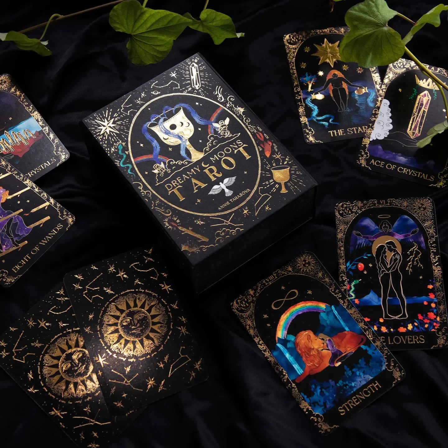 Dreamy Moons Tarot deck gold foil with beautifully designed cards featuring celestial themes