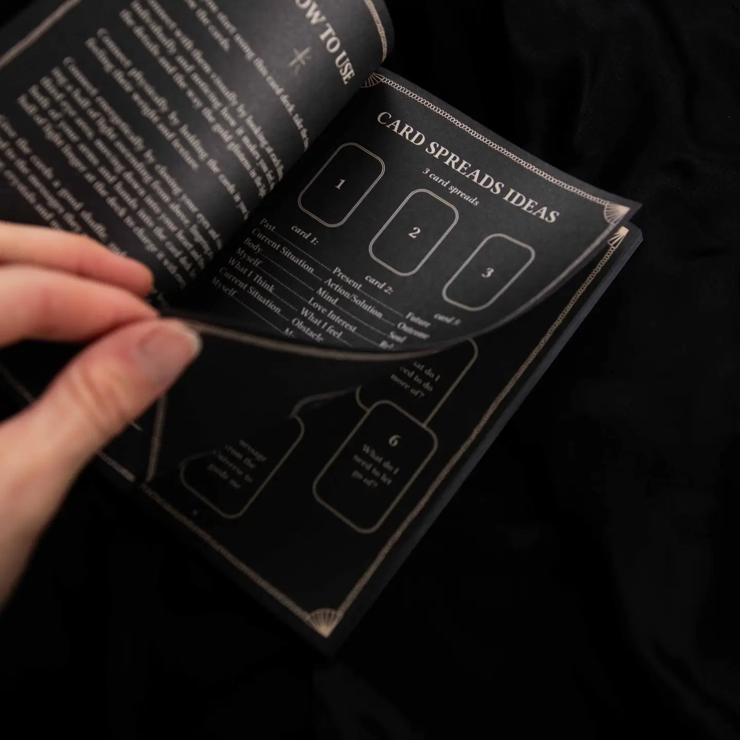 Detailed guidebook for Dreamy Moons Tarot deck gold foil with instructions and card spread ideas