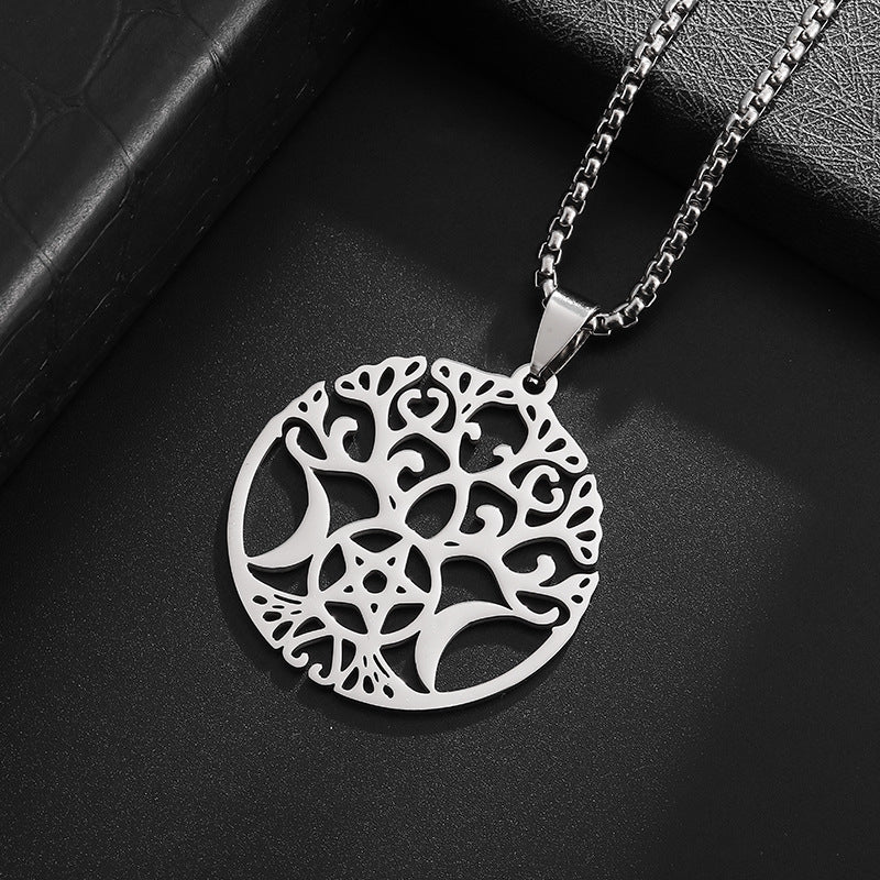 Tree Of Life Triple Moon Pentagram Stainless Steel Silver Necklace