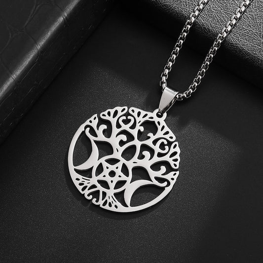 Tree Of Life Triple Moon Pentagram Stainless Steel Silver Necklace