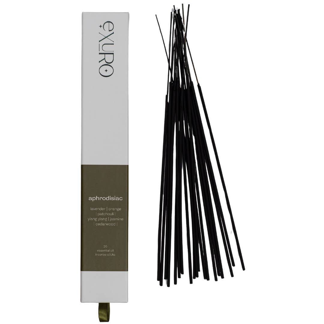 Exuro Aphrodisiac Incense Sticks featuring a blend of scents with a sleek black design
