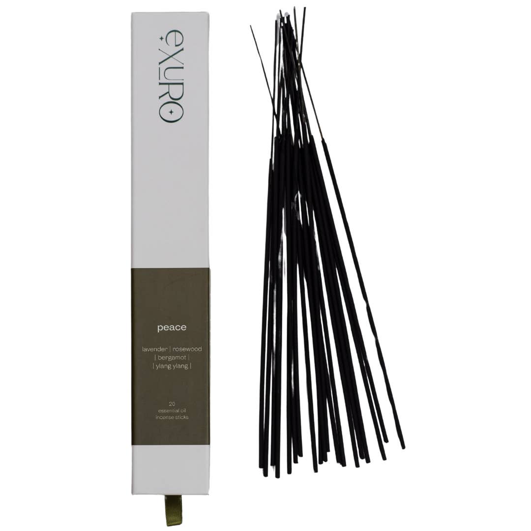 Exuro Peace Incense Sticks featuring lavender, rosewood, and bergamot for a calming atmosphere
