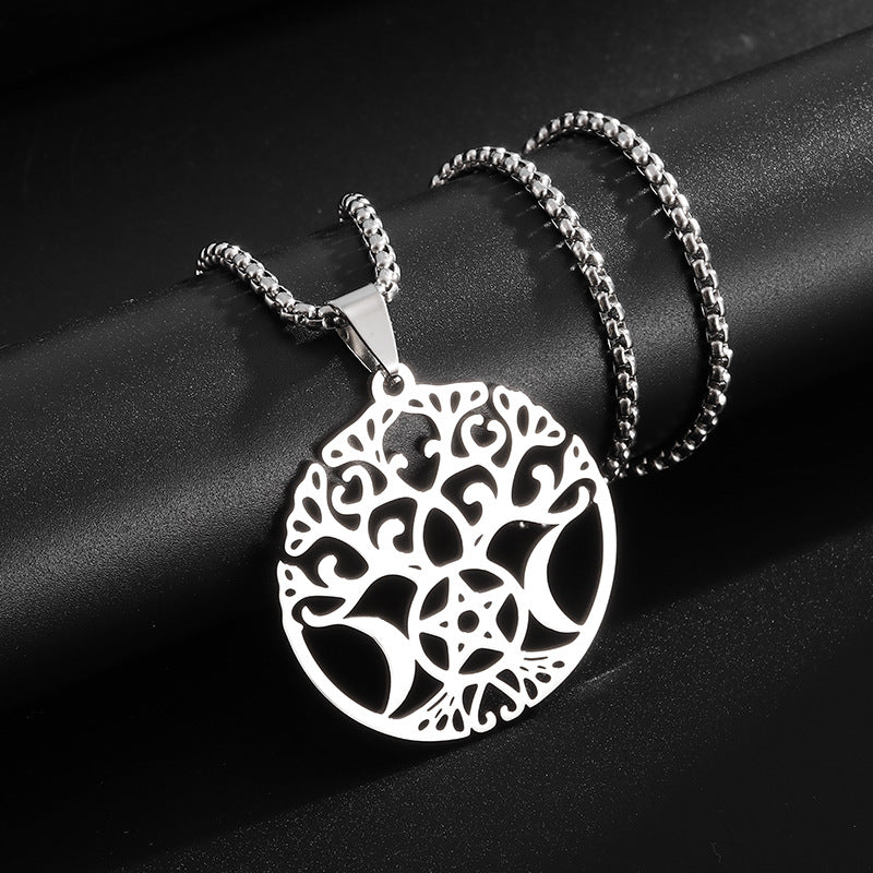 Tree Of Life Triple Moon Pentagram Stainless Steel Silver Necklace