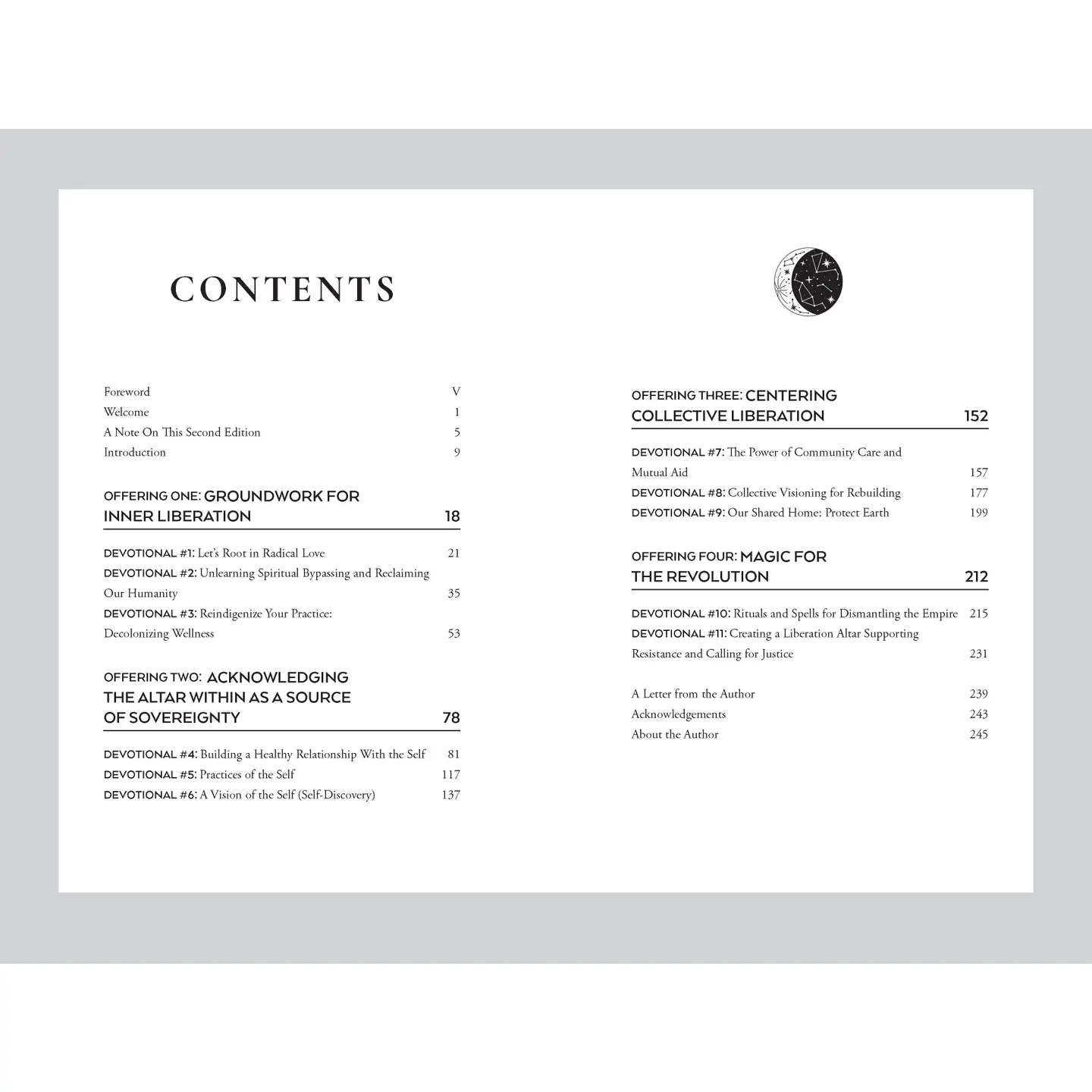 Table of Contents from Juliet Diaz The Altar Within showing sections on inner liberation and sovereignty