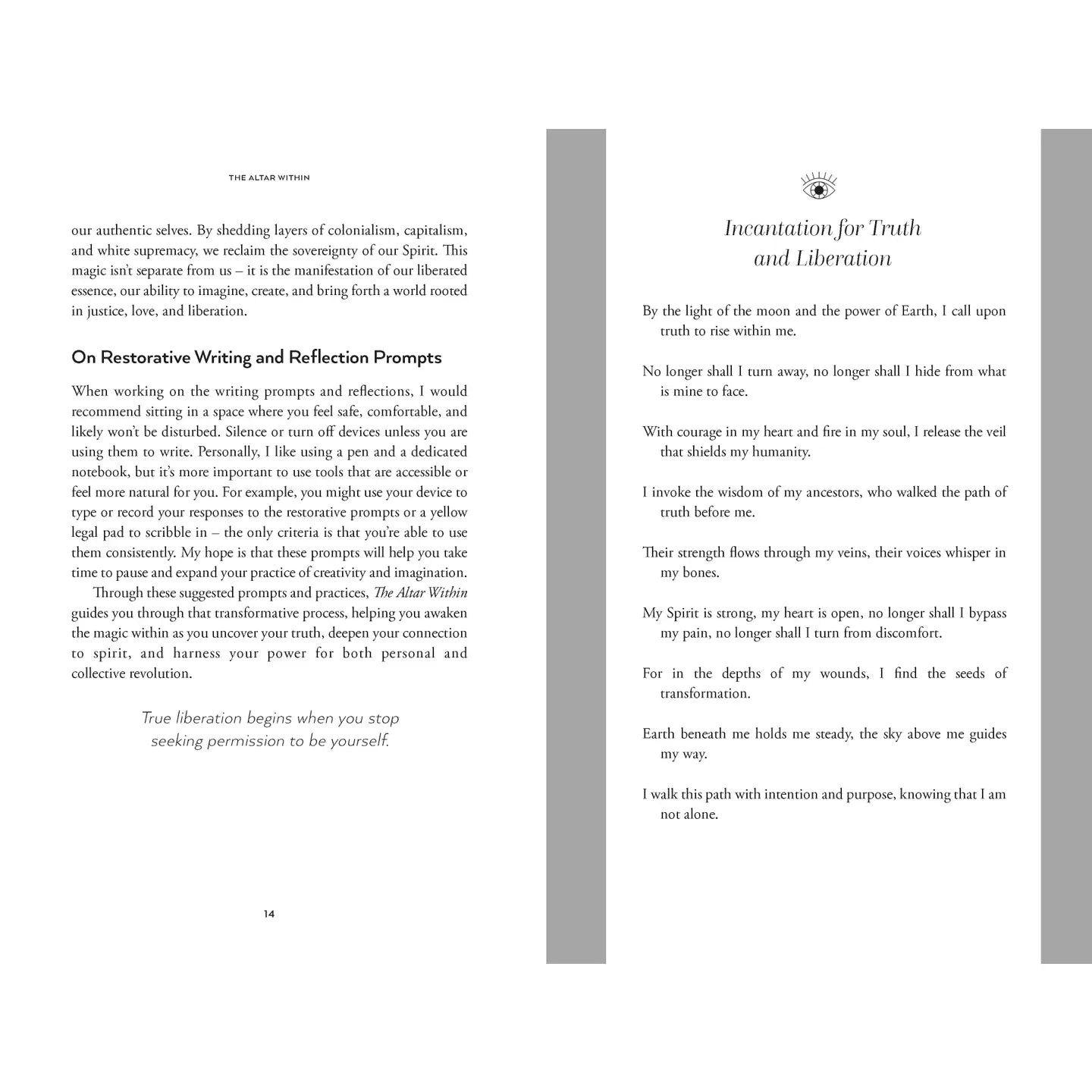Pages from Juliet Diaz The Altar Within featuring reflection prompts and invocation for truth