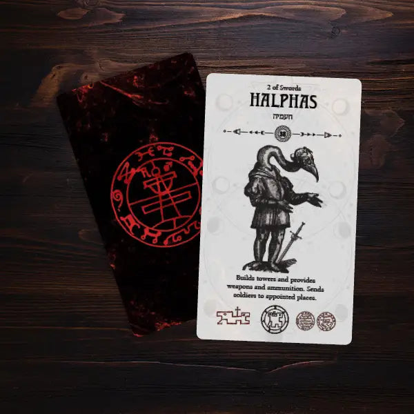 Occult tarot deck featuring the 2 of Swords card with Halthas illustration on a dark background