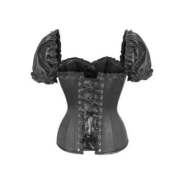 Steel Boned Black Satin Overbust Corset With Sleeves featuring lace-up front and puffed short sleeves