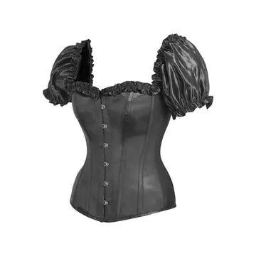 Steel Boned Black Satin Overbust Corset With Sleeves featuring puffed short sleeves and front busk closure