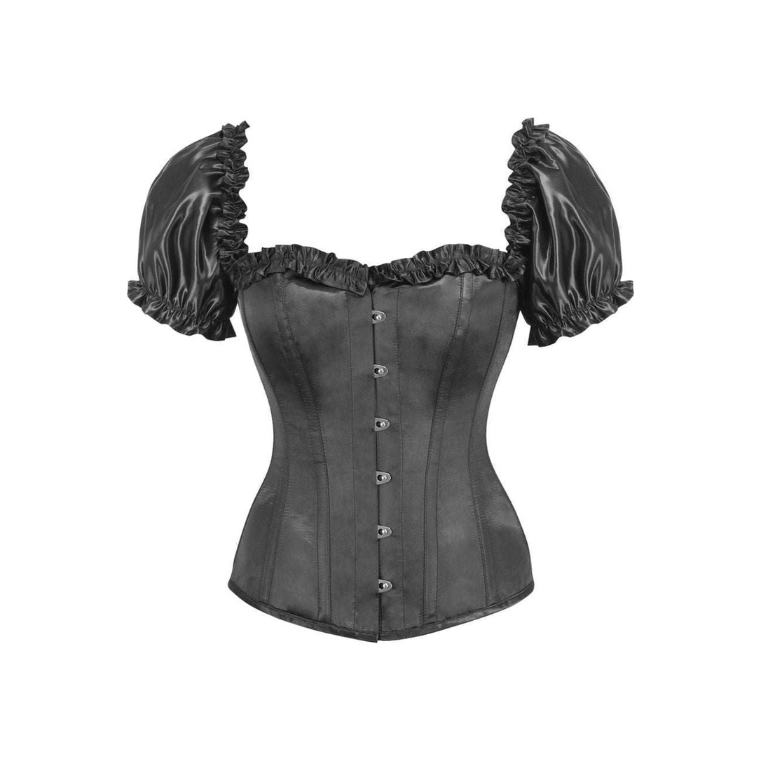 Steel Boned Black Satin Overbust Corset With Sleeves featuring front busk closure and puffed short sleeves