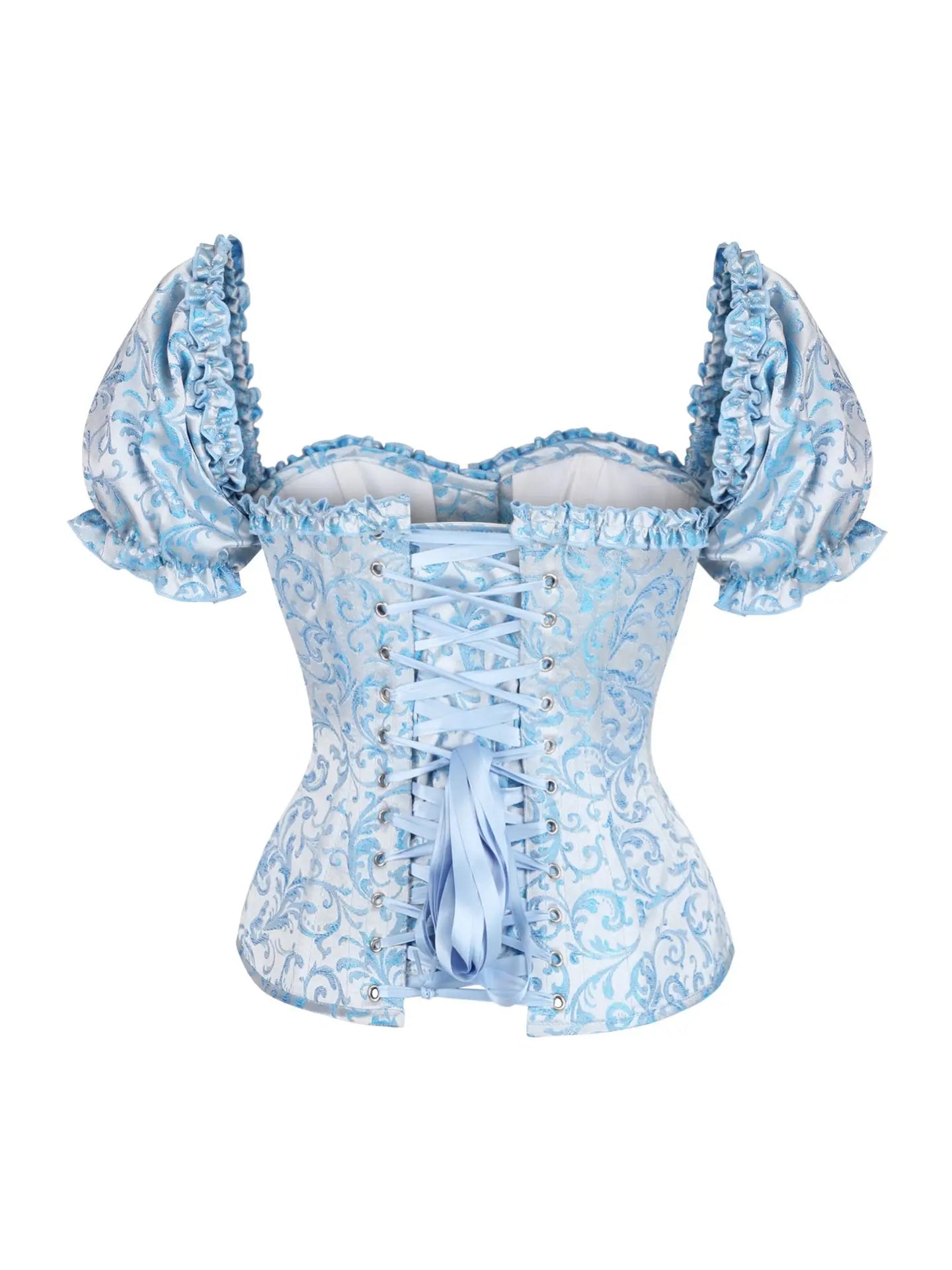 Steel Boned Blue Brocade Overbust Corset Top With Sleeves featuring lace-up front and puffed short sleeves