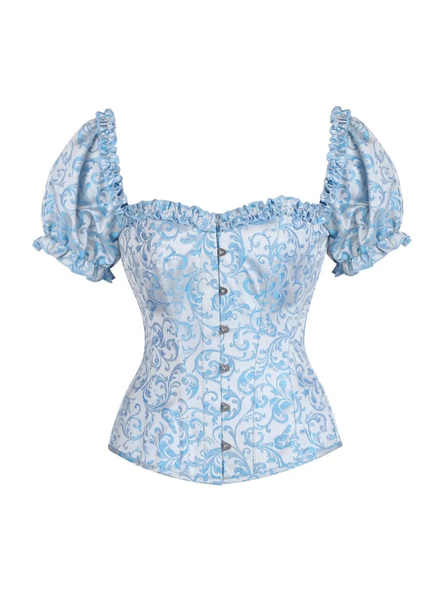 Steel Boned Blue Brocade Overbust Corset Top With Sleeves featuring puffed short sleeves and front button closure