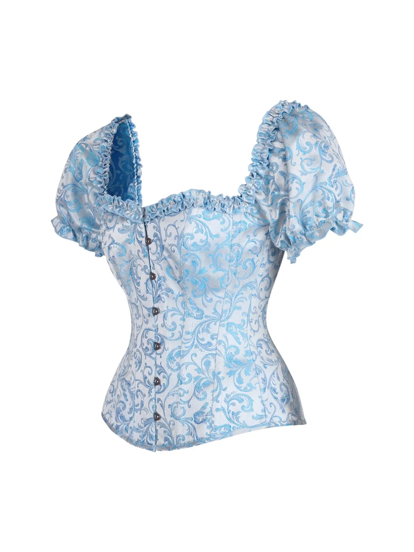 Steel Boned Blue Brocade Overbust Corset Top With Sleeves featuring puffed sleeves and intricate floral pattern