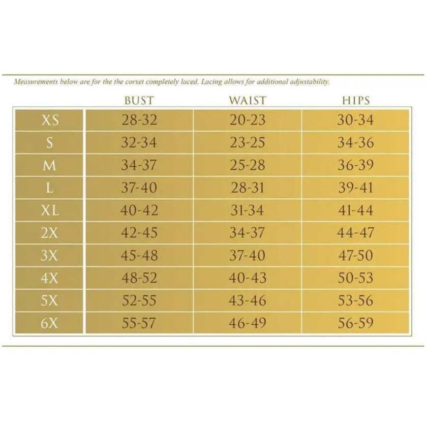 Size chart for Steel Boned Blue Brocade Overbust Corset Top With Sleeves showing bust waist and hips measurements