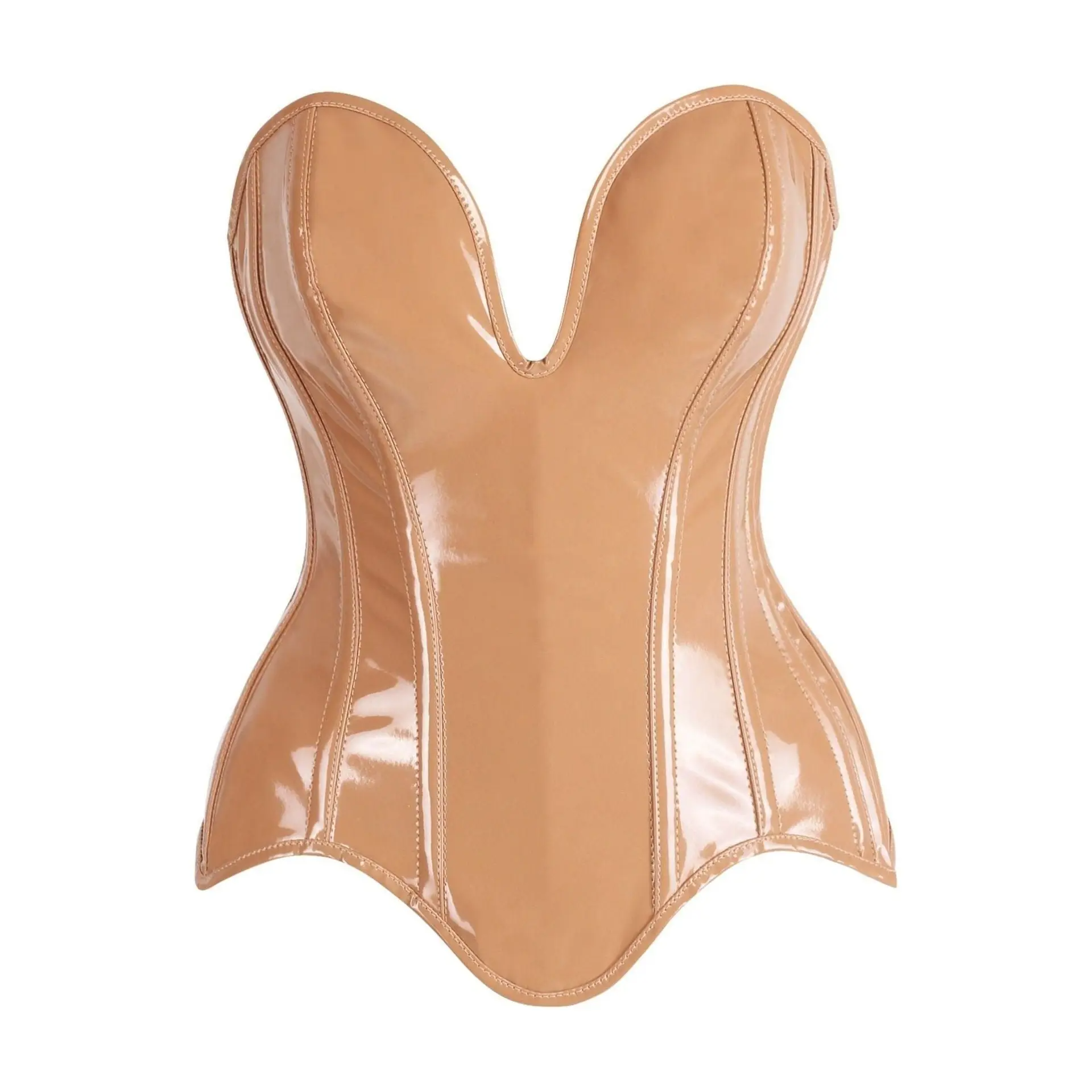 Steel Boned Caramel Patent Plunge Neckline Overbust Corset image 0