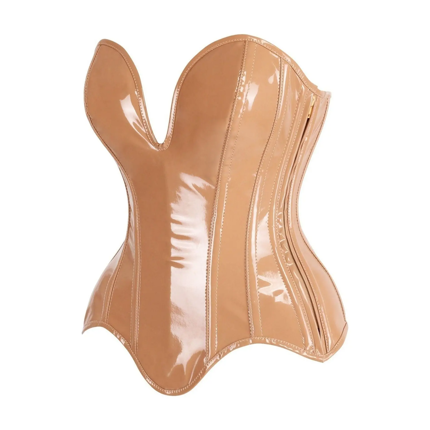 Steel Boned Caramel Patent Plunge Neckline Overbust Corset image 1
