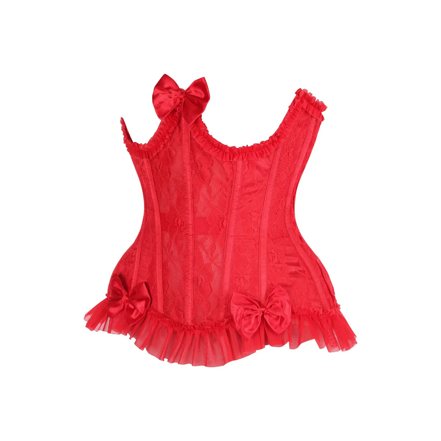 Steel Boned Red Lace Underwire Underbust Corset Cincher with decorative bows and ruffled trim