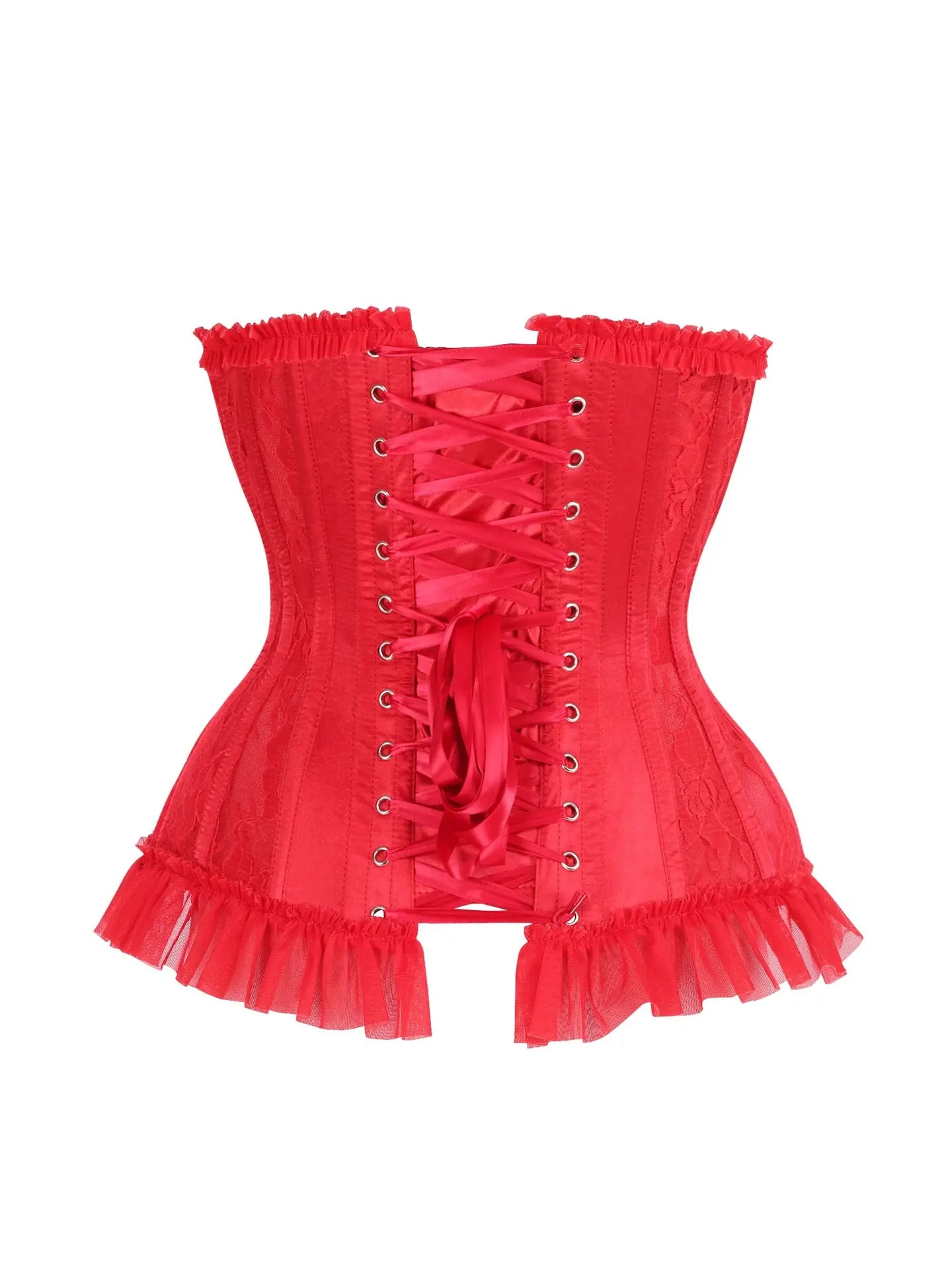 Top Drawer Steel Boned Red Lace Underwire Underbust Corset Cincher with ruffle trim and back lacing