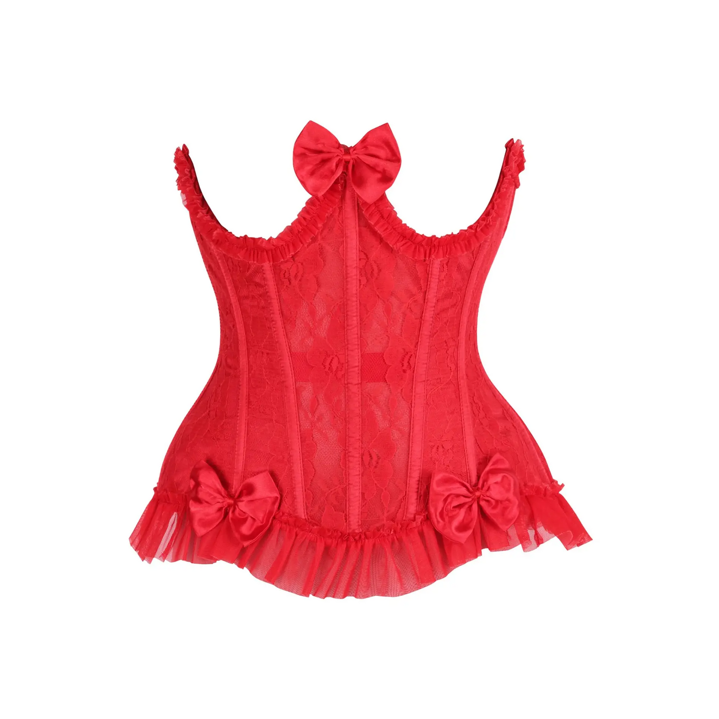 Steel Boned Red Lace Underwire Burlesque Underbust Corset Cincher with decorative bows and ruffled hem