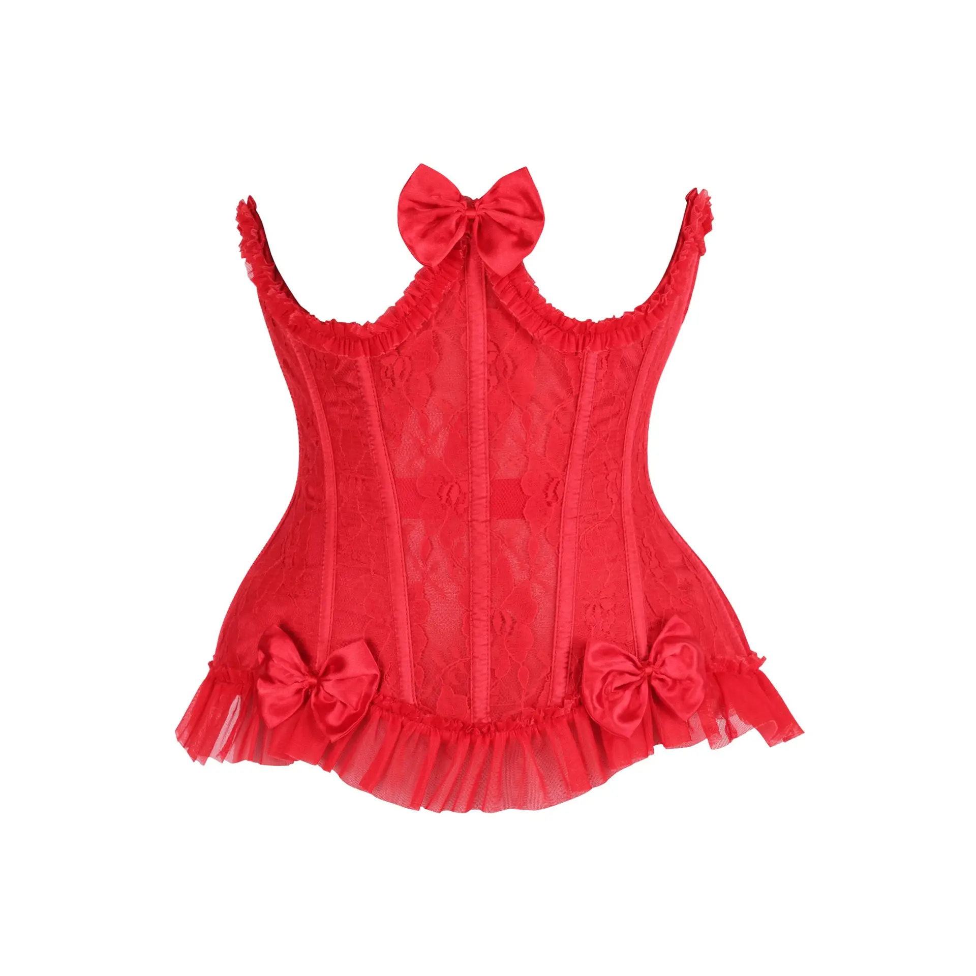Steel Boned Red Lace Underwire Burlesque Underbust Corset Cincher with decorative bows and ruffled hem