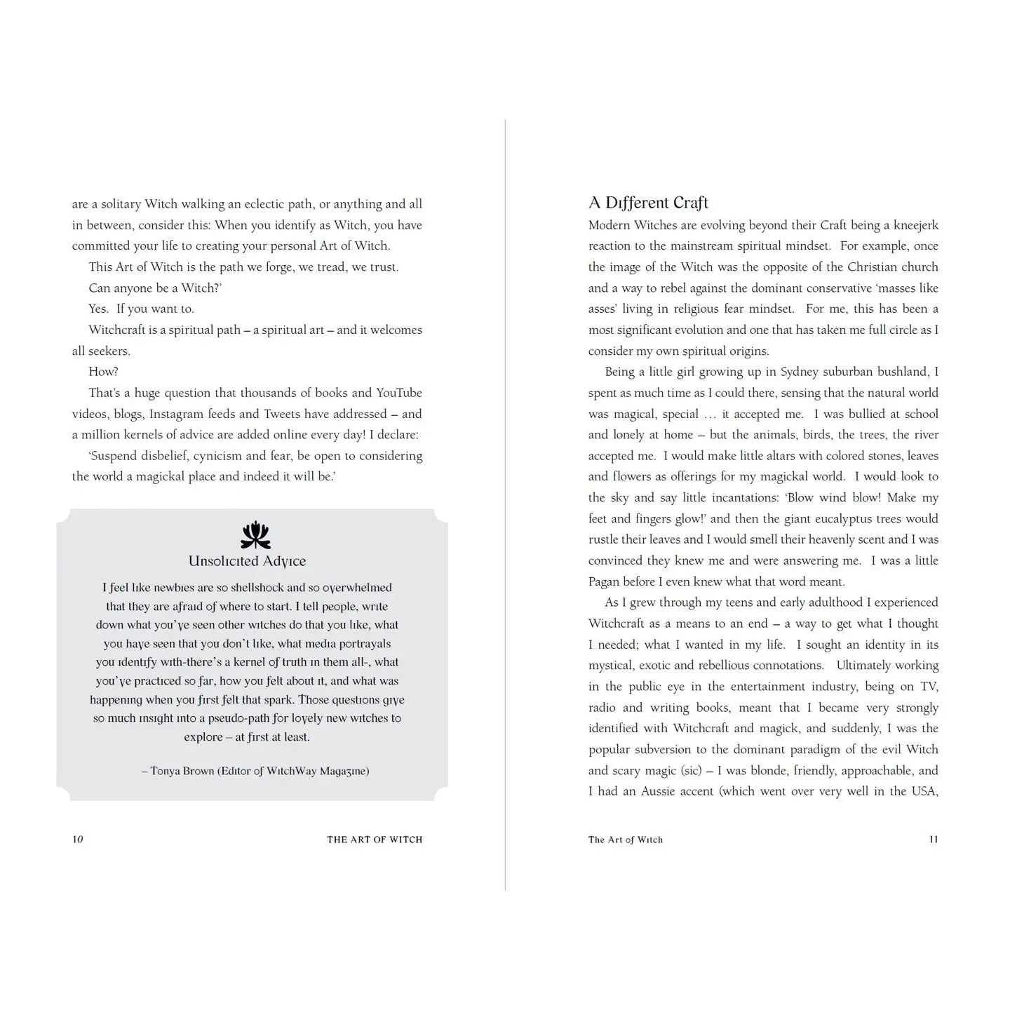 The Art of Witch book pages featuring guidance on witchcraft practices and spiritual exploration