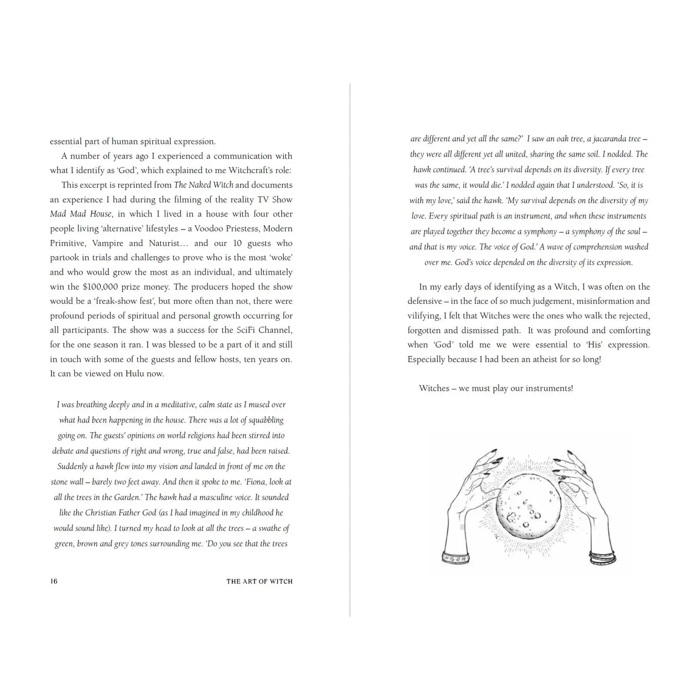 Pages from The Art of Witch book showcasing illustrations and text about spiritual practices