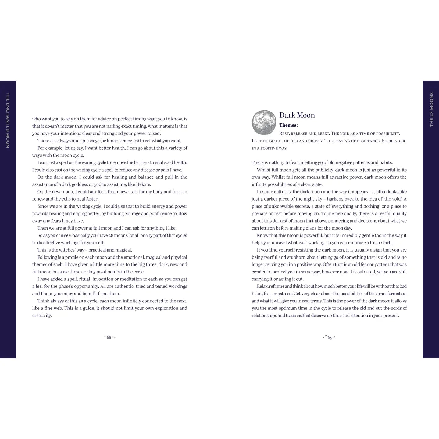 Pages from The Enchanted Moon book featuring a mystical theme and reflective content