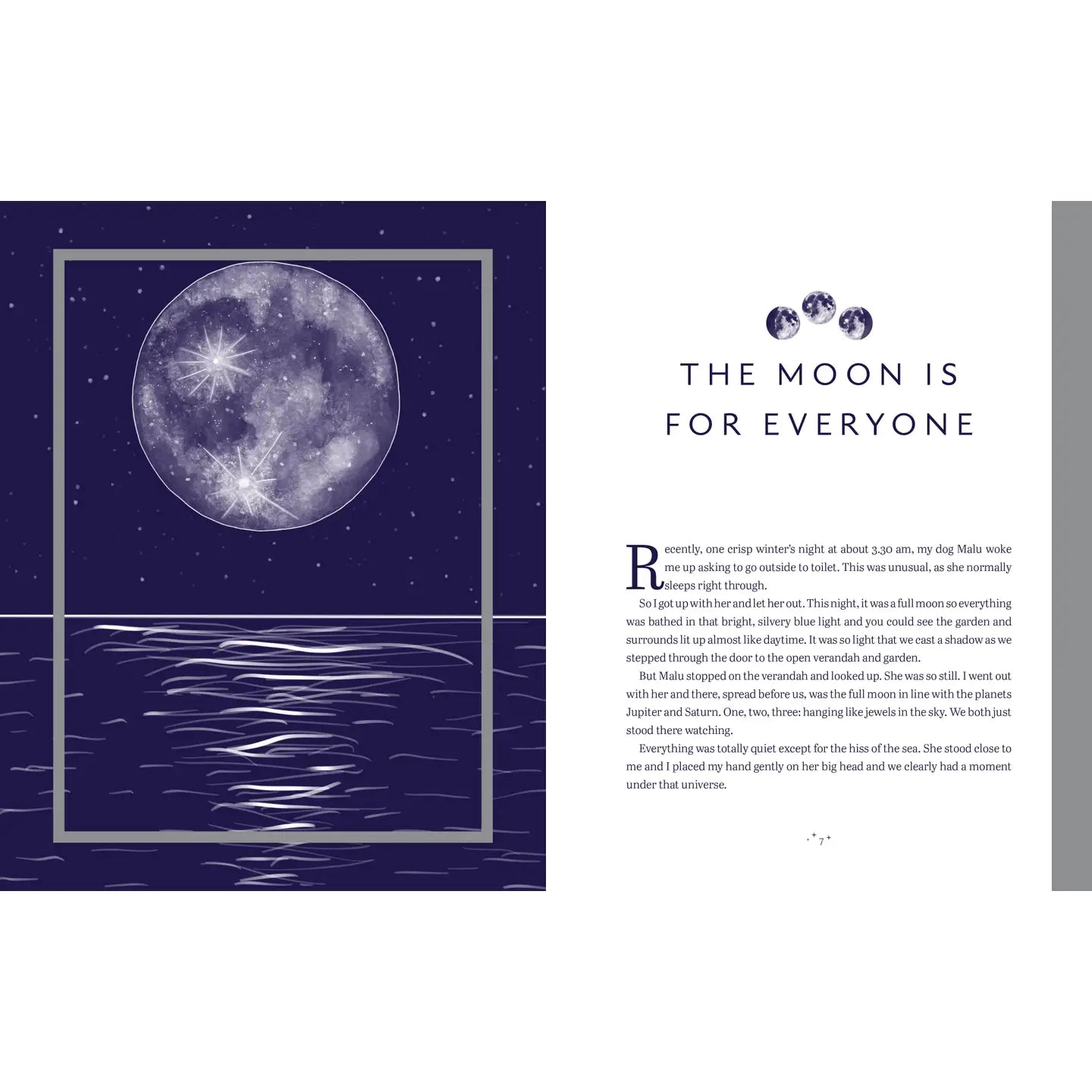 The Enchanted Moon book page featuring a large moon over tranquil waters with starry background